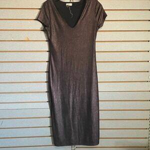 Blue Monday Womens Metallic Bronze V-Neck Bodycon Midi Dress Short Sleeve Large
